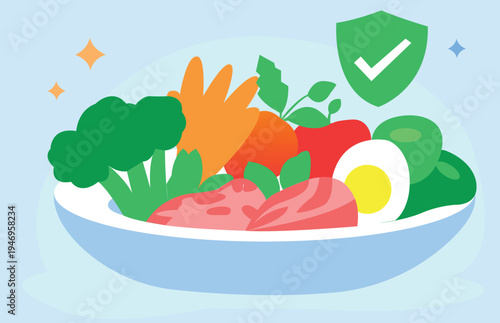 Healthy Balanced Diet with Vegetables Protein and Egg in Bowl Flat Illustration