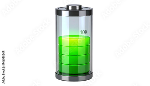 A glass, cylindrical battery, displaying charge level with green segments, on a black background