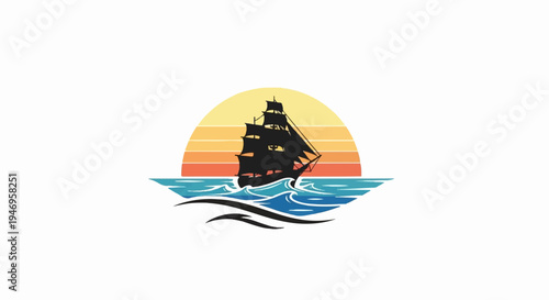 Silhouette of a tall ship sailing on wavy ocean water against a retro-striped sun at sunset