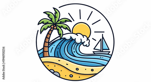 Vibrant cartoon beach scene in a circular frame with palm tree, big wave, shining sun, and sailboat