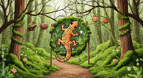 A charming pixel art forest path with a vibrant gecko illustration framed by foliage, hanging ornaments