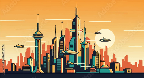 A vibrant pixel art cityscape depicting a futuristic metropolis with towering buildings and flying vehicles