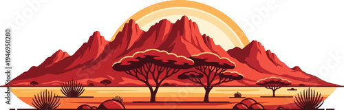 Pixel art desert landscape with red mountains, savanna trees, and a warm sky arc, evoking a sunrise/sunset