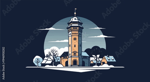 Stylized illustration of a cozy snowy village featuring a prominent old tower under a moonlit sky
