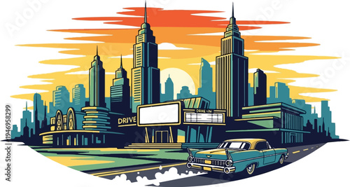 Pixel art retro city view at sunset with classic car driving past a drive-in theater, vibrant colors