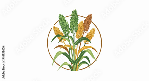 Stylized illustration of grain stalks with green, yellow, brown heads inside a rustic circle