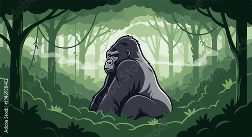 An illustrated pixel art gorilla sits amongst lush green jungle foliage with misty trees in the background