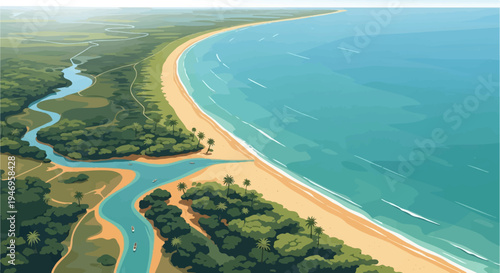 Aerial view of a vibrant tropical landscape where a winding river meets a golden sandy beach and ocean