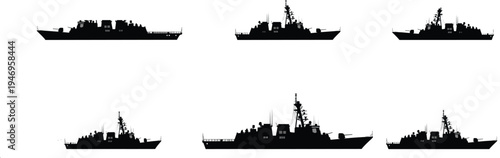 Collection of black silhouettes of modern warships including destroyers and frigates in various sizes and profiles isolated on white background,