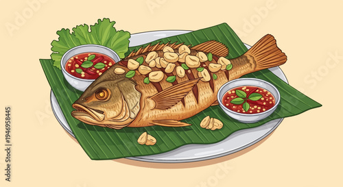 Crispy whole fried fish served on banana leaves with chili dipping sauce and peanuts on a plate