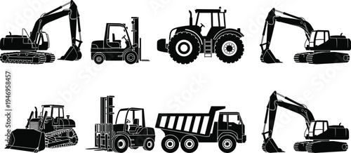 Set of heavy construction machinery silhouettes, excavator icons, forklift vectors, tractor illustrations, dump truck graphics, bulldozer equipment, and industrial vehicle icons