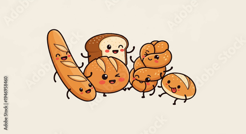 Group of cheerful, cartoon bread characters including a baguette, loaf, and buns dancing on a plain background