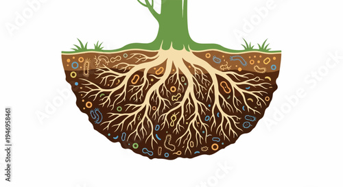 Cross-section of soil showing a tree's roots intertwined with various microorganisms and soil layers
