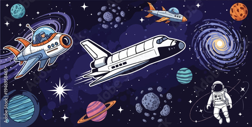 A colorful pixel art space scene featuring diverse spacecraft, an astronaut, planets, and galaxies