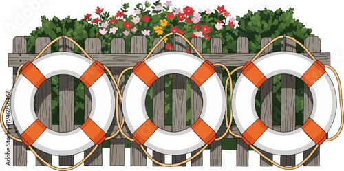 Three white and orange lifebuoys hanging on a wooden fence with green bushes and colorful flowers