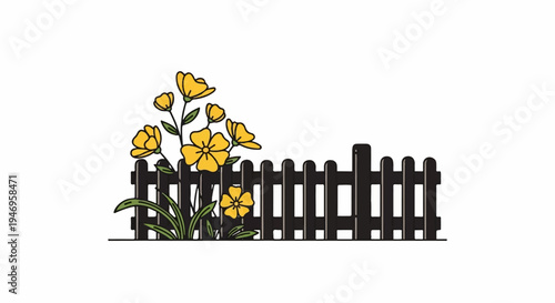 An illustration of yellow flowers and green leaves growing alongside a black picket fence on a white background