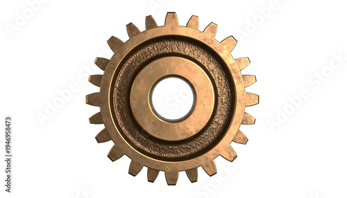 A metallic, toothed gear in a bronze hue, isolated on a stark black background