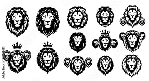 Lion Head Logos Collection: Majestic King of Jungle, Heraldic Symbols, Vector Graphics