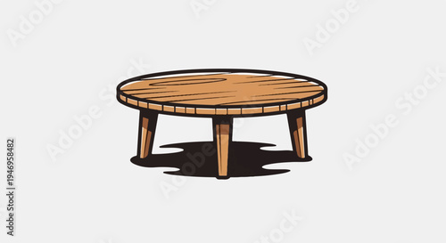 Cartoon illustration of a simple, round wooden table with four sturdy legs and a dark shadow beneath