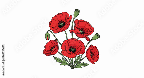 Vibrant red poppy bouquet illustration with green stems, leaves, and closed buds on a white background