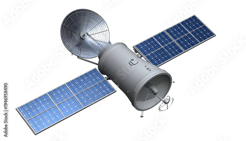 A detailed 3D rendering of a satellite with solar panels and antennae against black background