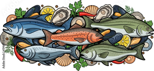 An illustration of a vibrant seafood platter with various fish, shellfish, and garnishes, on white