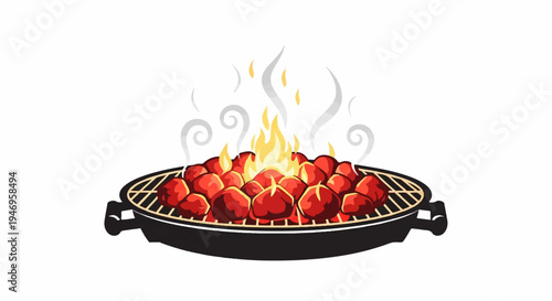 Illustration of numerous red, round food items cooking on a grill, featuring a central fire and rising smoke