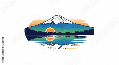 Vibrant pixel art of a snow-capped mountain reflected in water under a colorful sky at sunset