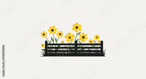 A charming illustration of bright yellow flowers with green stems behind a dark picket fence against a light background