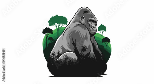 Stylized grey gorilla illustration looking over its shoulder in a lush green jungle environment