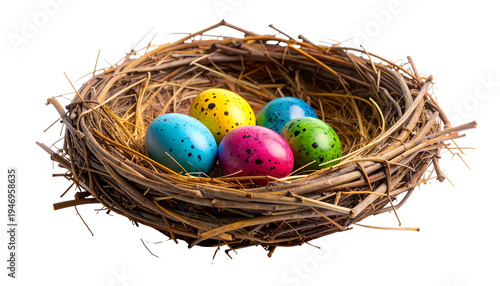 A rustic nest holds six speckled, colorful Easter eggs against a black backdrop