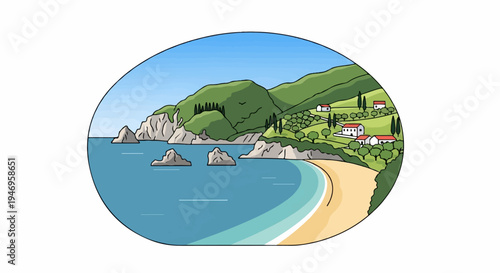 An illustrated coastal landscape with a sandy beach, blue sea, green hills, and white houses