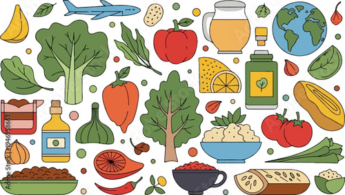 Illustration of healthy food, drinks, and everyday objects arranged in a colorful, eclectic flat-lay pattern