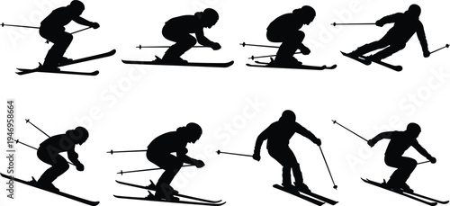 Set of black silhouettes of downhill skiers in various action poses and winter sports positions isolated on a white background
