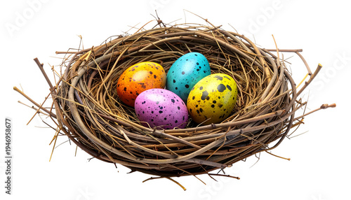 A round, woven nest holds four speckled, brightly colored eggs against a black background