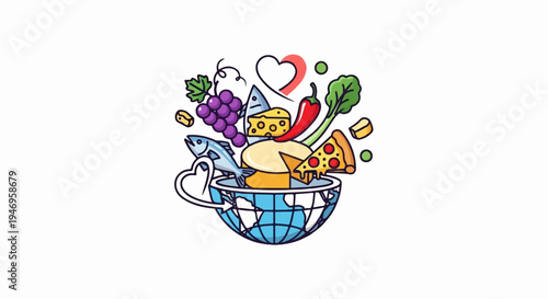 Colorful illustration of diverse food items like grapes, cheese, fish, pizza, and chili pepper bursting from a globe, with hearts