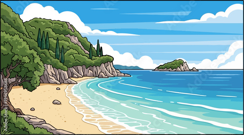 Pixel art tranquil beach scene green cliffs, sandy shore, blue ocean waves, distant island, cloudy sky