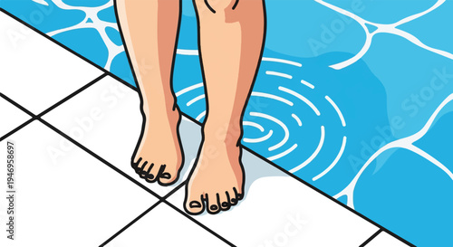 A cartoon illustration showing bare feet standing on a tiled edge, about to dip into sparkling blue water