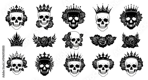 Gothic Skull Crown Rose Tattoo Designs Set Vector Illustration