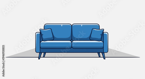 A stylish cartoon blue two-seater sofa with throw pillows and shadows on a clean white background