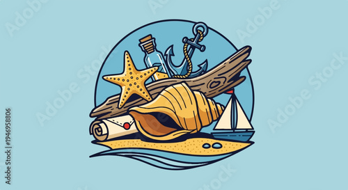 An illustration of beach treasures starfish, seashell, message bottle, anchor, sailboat, driftwood, and map