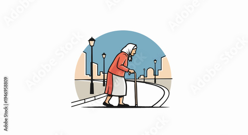 Illustration of an elderly woman walking with a cane on a city street, buildings and streetlights in background