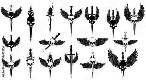 Gothic Skull Sword Wings Vector Set: Dark Fantasy Emblem Collection