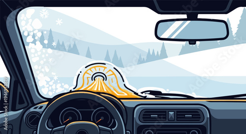 Illustration of a car interior view through a defrosted windshield onto a snowy winter landscape