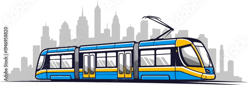 A modern blue and yellow tram with a pantograph, set against a backdrop of a silhouetted city skyline