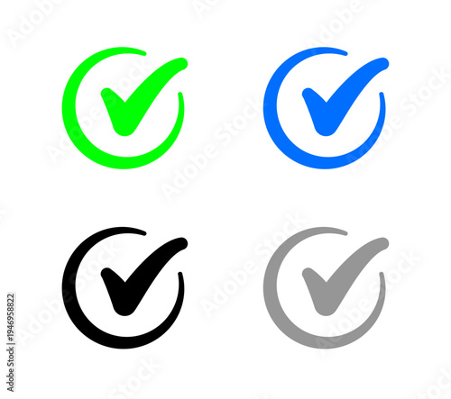 Subtle grey , blue, black, and green check mark icons, each enclosed in a circle, presented in vibrant 