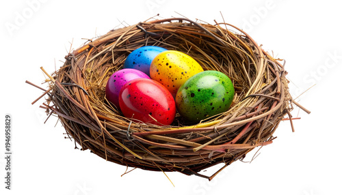 A nest of twigs holds five speckled, brightly colored eggs against a black background