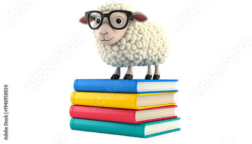 Whimsical sheep with glasses atop colorful books, black background