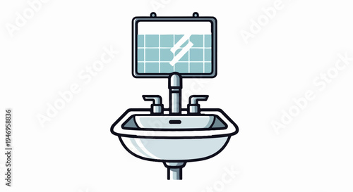 A cartoon illustration of a bathroom sink with a mirror above it, featuring a tiled reflection and faucet