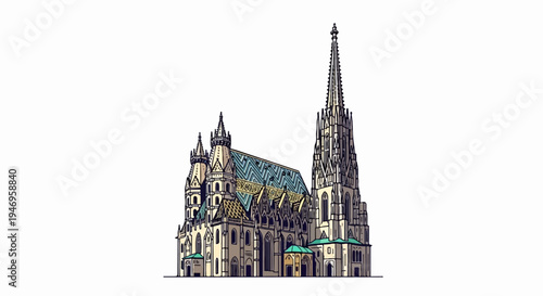 Detailed vector illustration of a historic gothic cathedral with intricate architecture and a towering spire